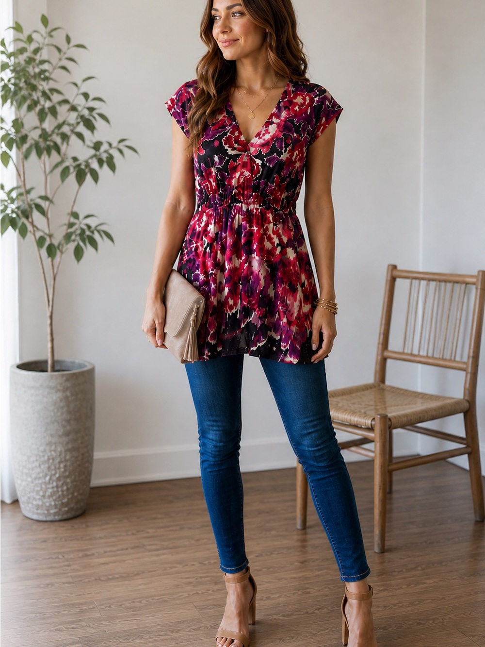 Pink Rose Abstract Floral V Neck Tunic Dress Lightweight Elastic Waist Boho Top